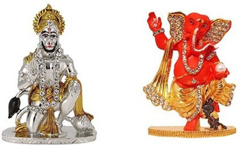 9facts Set of 2 Lord Hanuman Mandir Home Decor God Statue & God Ganesh / Ganpati / Lord Ganesha Idol - Statue Gift item Decorative Showpiece Decorative Showpiece - 8 cm  (Brass, Multicolor)
