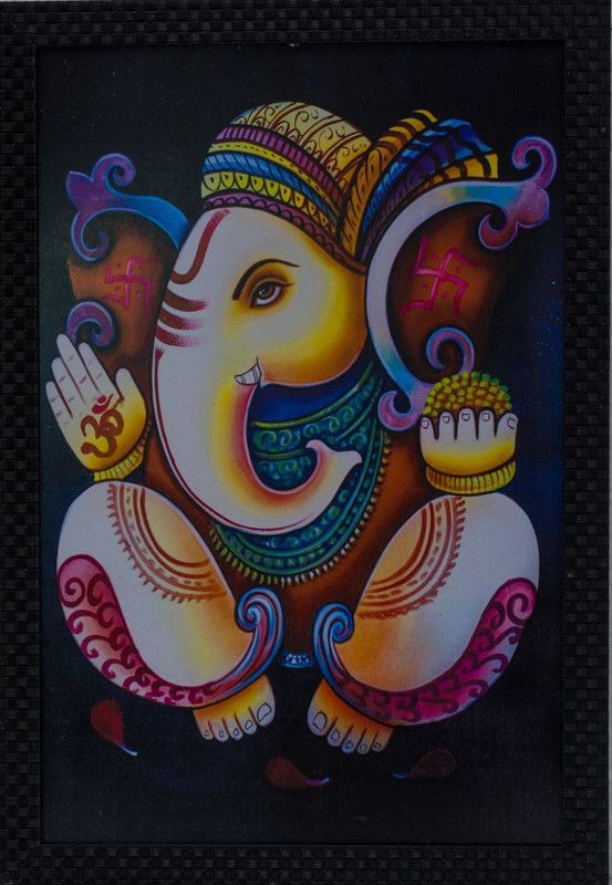 God Ganesh Dancing Swastika Religious 4948 Vastu Painting With Synthetic Frame Digital Reprint 13 inch x 19 inch Painting