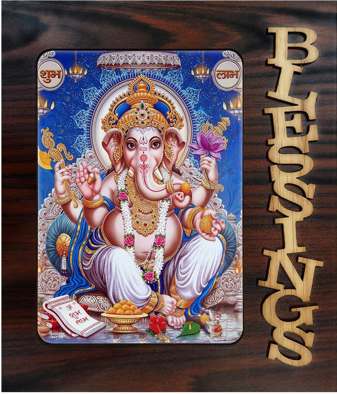 Poster N Frames Decorative Blessings Hand Crafted Wooden table with photo of Ganeshji 4890 Digital Reprint 9 inch x 7.75 inch Painting  (With Frame)