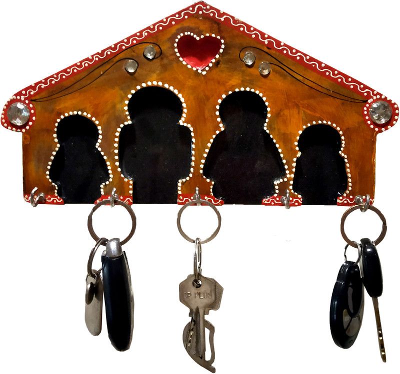 KrafterrA Wooden Handmade Hut Shape Wood Key Holder  (5 Hooks, Brown)