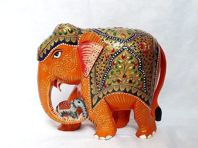 premcrafts Wooden Emboss Painted Elephant showpiece Big Statue Decorative Showpiece - 15 cm  (Wood, Multicolor)