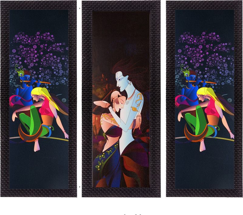 eCraftIndia Set Of 3 Radha Krishna Satin Matt Textured Canvas 16 inch x 21 inch Painting  (With Frame, Pack of 3)