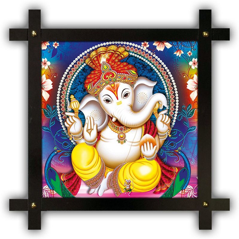 Poster N Frames Cross Wooden Frame Hand-Crafted with photo of Ganeshji (ganpati) 14574-crossframe Digital Reprint 16.5 inch x 16.5 inch Painting  (With Frame)