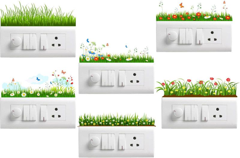 Design Zoo 13 cm Grasses & Flowers Switchboard Sticker Self Adhesive Sticker  (Pack of 6)