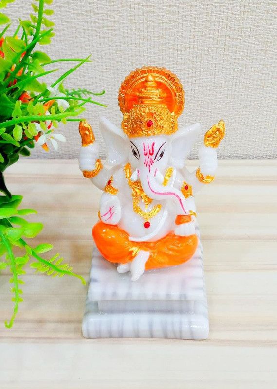 Style My Home Glossy Ganesha Idol Showpiece | Ganapathi Murthi | Home Pooja | Decorative Showpiece - 13 cm  (Polyresin, Orange)