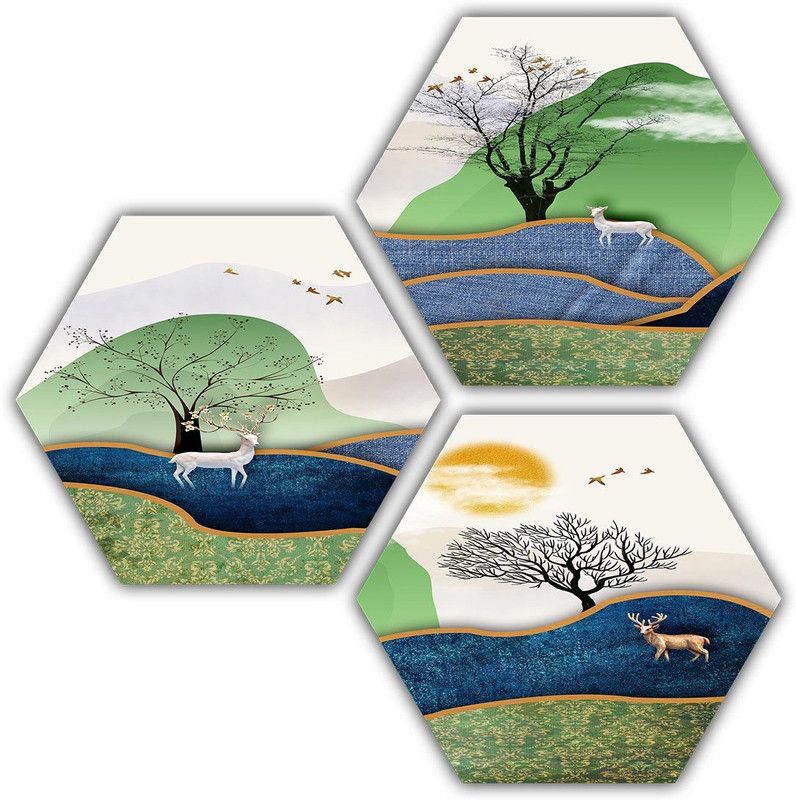 Janki Modern Art Dear (Hiran) in Forest 3 Piece Set of 3 Hexagon 6mm MDF Wall Painting Digital Reprint 21.5 inch x 21.5 inch Painting  (With Frame, Pack of 3)