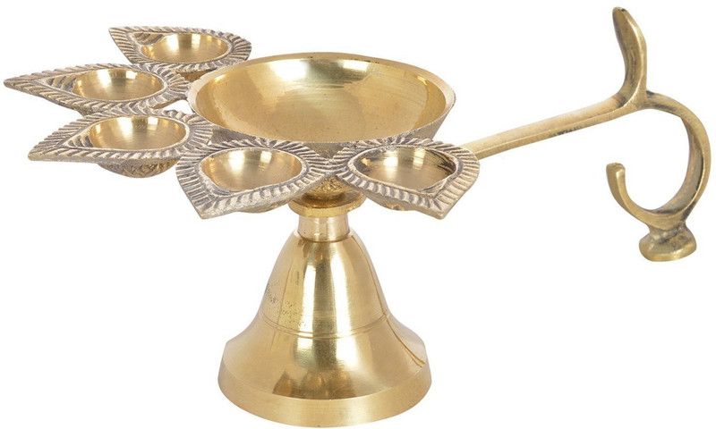 VALUE CRAFTS Pure Brass Panch Aarti Lamp / Pancharti Diya / Oil Lamp / Panch aarti Jyoti / Puja Diya Stand / Aarti Diya Temple / Panch Jyot Diya with Stand / Pooja Gifts Decor Brass Table Diya  (Height: 2.6 inch)