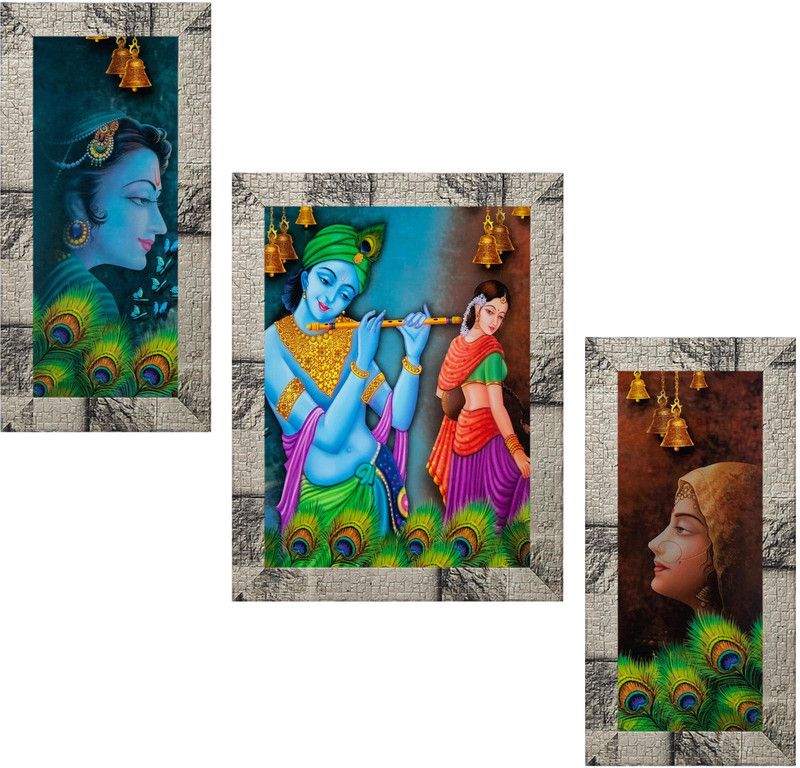 Indianara Set of 3 "Radha Krishna" Framed Painting (3451MW) without glass 6 X 13, 10.2 X 13, 6 X 13 INCH Digital Reprint 13 inch x 10.2 inch Painting  (With Frame, Pack of 3)