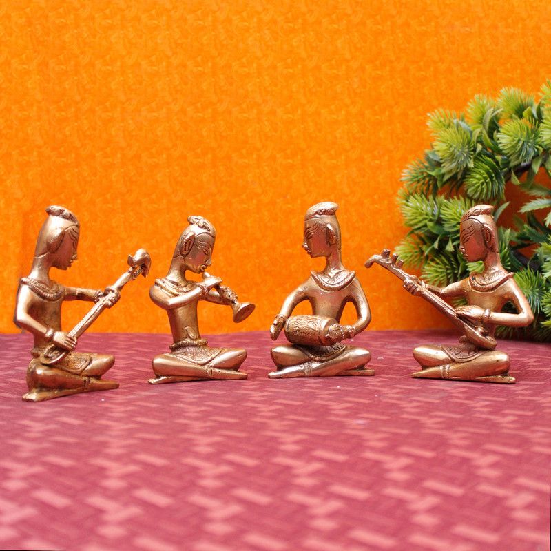 StatueStudio Feng Shui Musician Showpiece Set of 4 Indian Musician Idol for Home Decor & Gift Decorative Showpiece - 10.16 cm  (Brass, Gold)