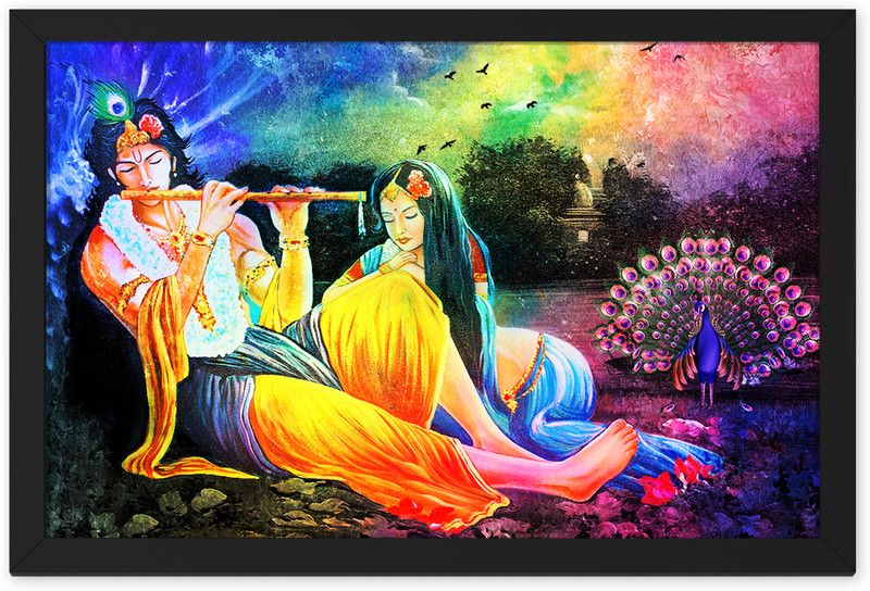 Ritwika's Radha Krishna Flute Love Peacock Religious Modern Art Framed Digital Reprint 9.5 inch x 13.5 inch Painting  (With Frame)