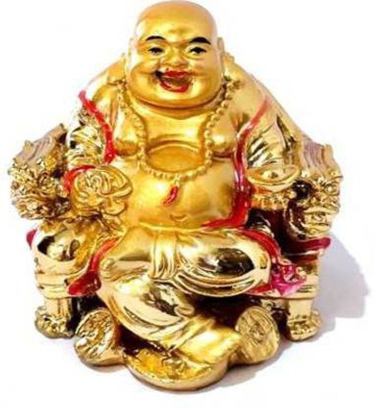 Art N Soul Feng Shui Set Of 2 Beautifully Laughing Buddha Sitting On Chair + Laughing Buddha With Dragon Tortoise On Ded Of Wealth Decorative Showpiece Decorative Showpiece - 6 cm  (Polyresin, Gold)