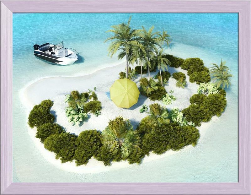 Artzfolio ArtzFolio Boat Parked at a Paradise Island Canvas Painting White Wooden Frame 21inch x 16inch (53.3cms x 40.6cms) Digital Reprint 16.5 inch x 21.5 inch Painting  (With Frame)