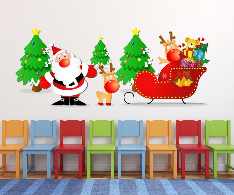 Dumdic Christmas Day With Santa Multicolor Large Vinyl Wallsticker (80 cm x 40 cm)  (Multicolor)
