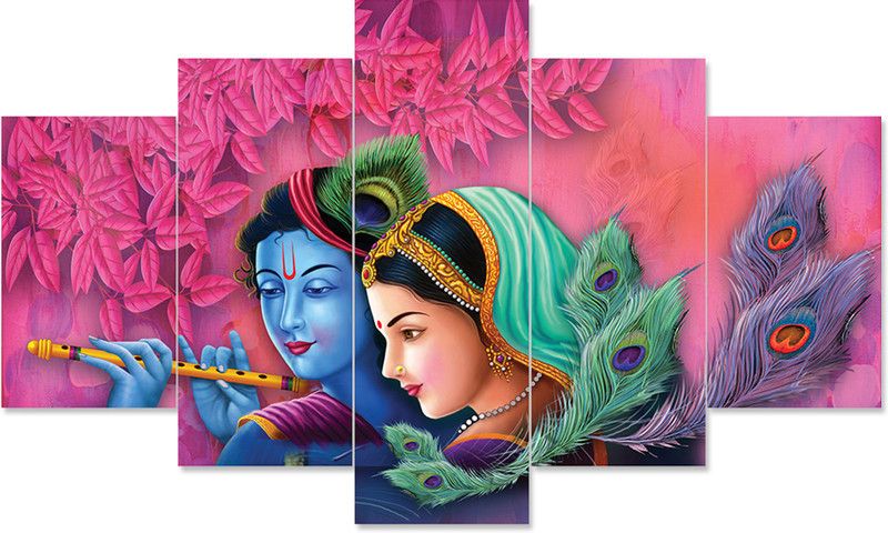 Seekingon Collection Set Of 5 Radha Krishna Art Wall Paintings for Home Décor Diwali Wedding Gift Digital Reprint 17 inch x 30 inch Painting  (With Frame)