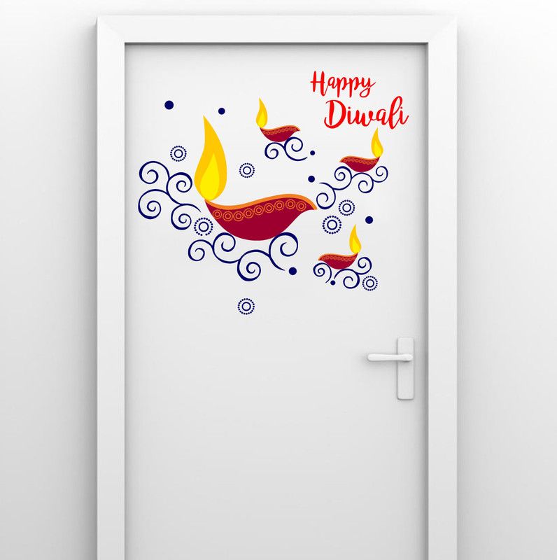 Crown Decals 46 cm Multicolor decorative diya happy diwali pvc vinyl multicolor decorative wall sticker for wall decoration size : 46 Cm X 51 Cm Self Adhesive Sticker  (Pack of 1)