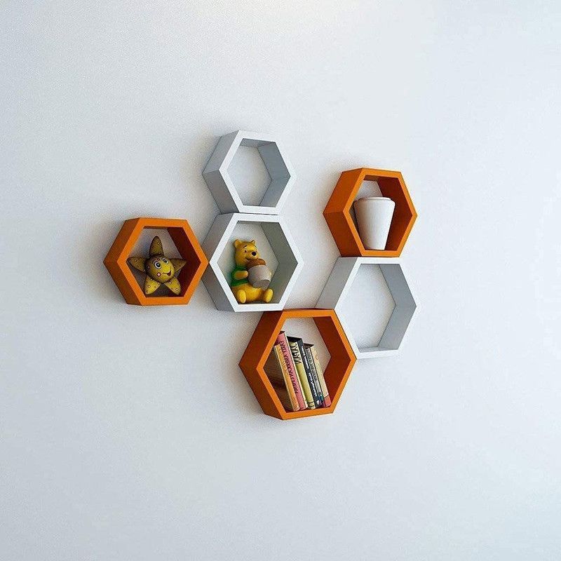 UNIQUE CRAFT HOUSE MDF Wall Mount Hexagon Floating Wall Shelf For Home & Living Decor - White & Orange MDF (Medium Density Fiber), Wooden Wall Shelf  (Number of Shelves - 6, Orange, White)