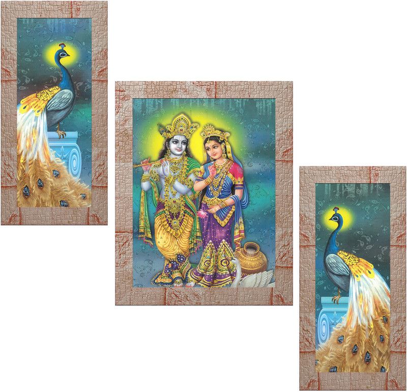 Indianara Set of 3 "Radha Krishna with Peacocks" Framed Painting (4054MR) without glass Digital Reprint 13 inch x 10.2 inch Painting  (With Frame, Pack of 3)