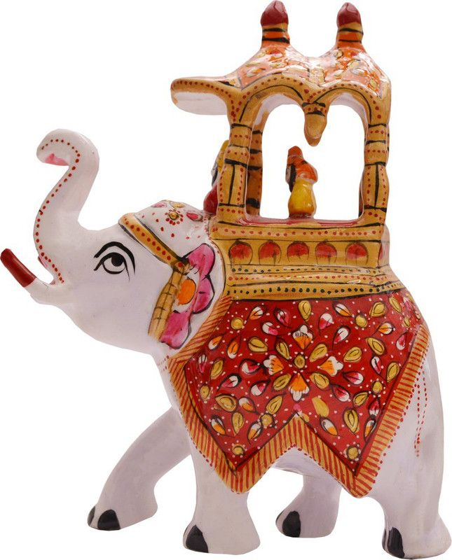 Santarms White ed Meenakari Ambawadi Elephant Decorative Showpiece - 17.78 cm  (Metal, Multicolor)