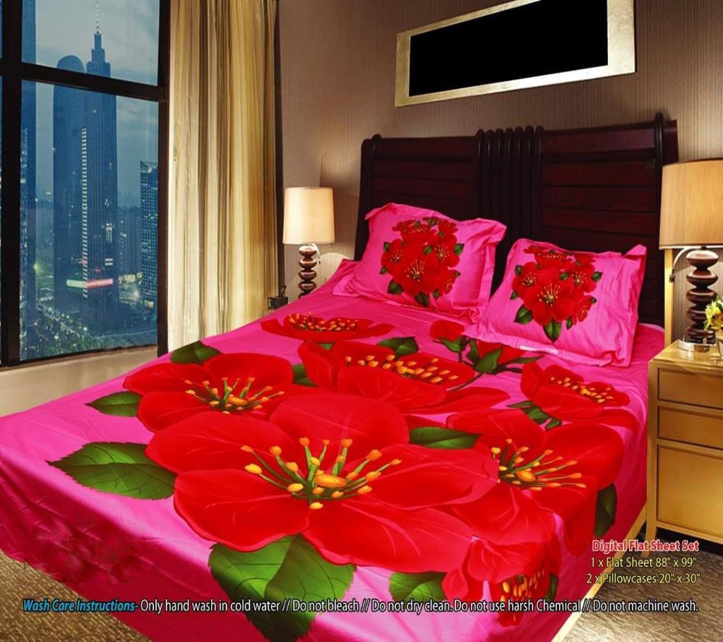 Panel Bedsheet- Pink With Red Flower - ANJ