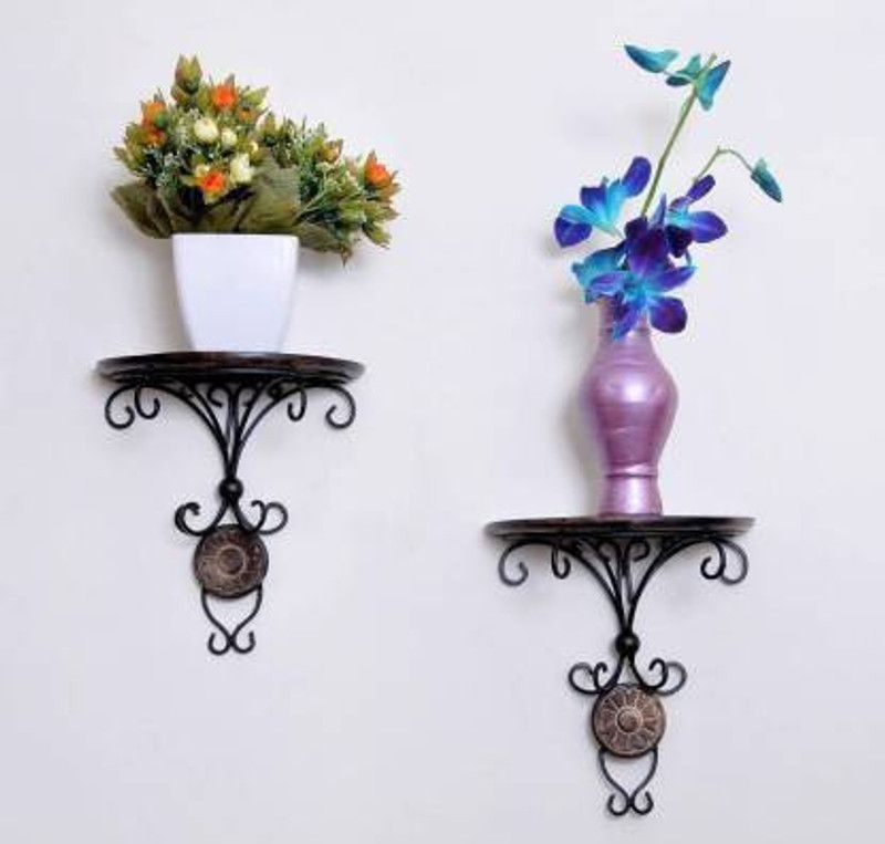 Wooden, Iron Wall Shelf  (Number of Shelves - 2, Black)