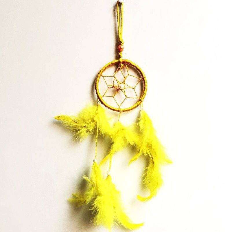 Krafthouse Dream Catcher Wall Hanging Handmade Beaded Circular Net with Feather Decoration Ornaments for positive energy (Yellow) Decorative Showpiece - 38 cm  (Feather, Multicolor)