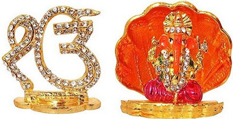 BEI Set of 2 Ek ONKAR Pooja Statue & God Ganesh / Ganpati / Lord Ganesha Idol - Statue Gift item Decorative Showpiece Decorative Showpiece - 4 cm  (Brass, Multicolor)