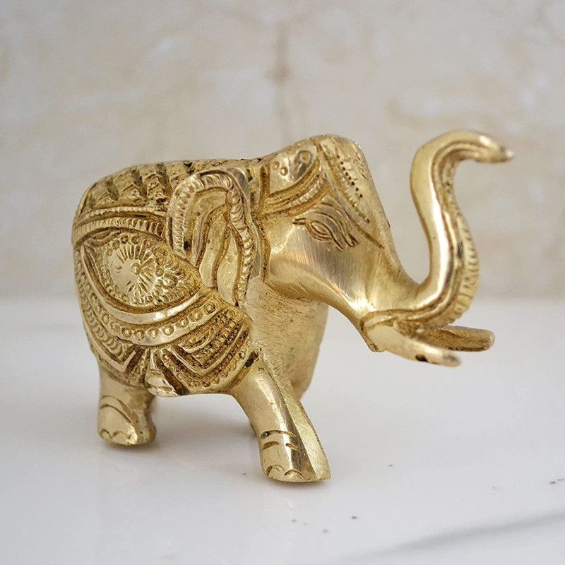 vrindavan shopi Brass Elephant Trunk Up Showpiece Decorative Items for Home Decoration 800gms Decorative Showpiece - 12 cm  (Brass, Gold)