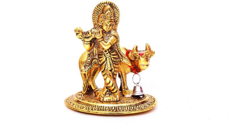 thegiftory Metal Krishna with cow in golden antique give a royal look to your surrounding Decorative Showpiece - 9.5 cm  (Aluminium, Gold)