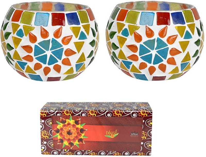Lal Haveli PHND00665-Gift Glass 2 - Cup Tealight Holder Set  (Multicolor, Pack of 2)