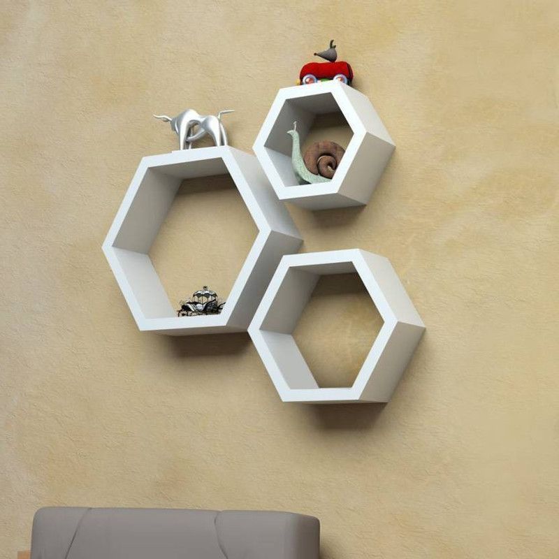 Eco Handicrafts home Decor Hexagon Shape Storage Wall Shelves MDF (Medium Density Fiber) Wall Shelf (Number of Shelves - 3, WHITE) Wooden Wall Shelf  (Number of Shelves - 3, White)