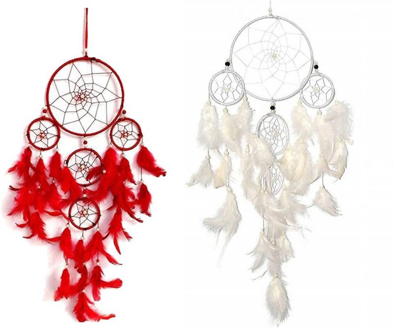 Ryme Pack Of (2) 5 Ring Red & 5 Ring White Dream Catcher Decorative Showpiece - 5 cm  (Feather, Orange)
