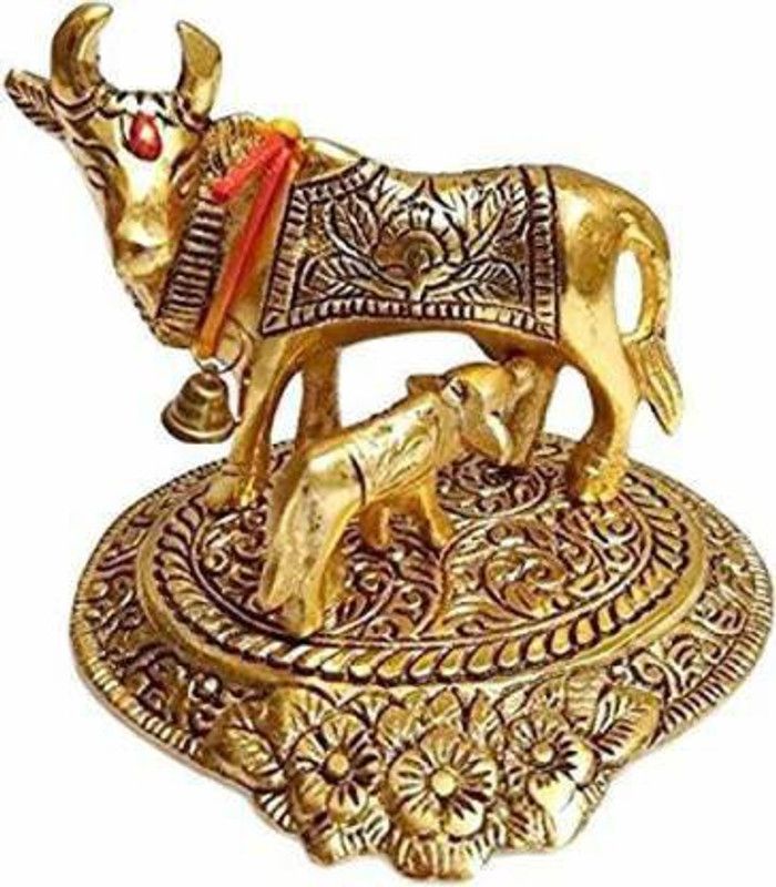 Corvell Metal Kamdhenu Cow Statue with Calf for Worship and Positive environment Decorative Showpiece - 12 cm  (Metal, Multicolor)