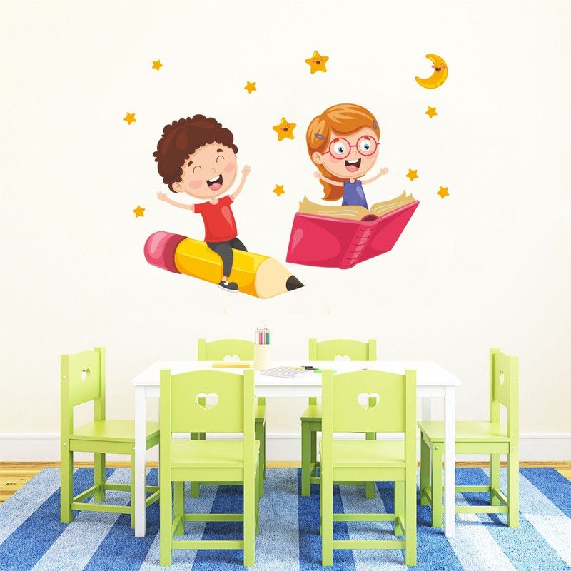 Decal O Decal 55 cm Flying Kids With Stars And Moon Wall Stickers (PVC Vinyl,Multicolour) Self Adhesive Sticker  (Pack of 1)