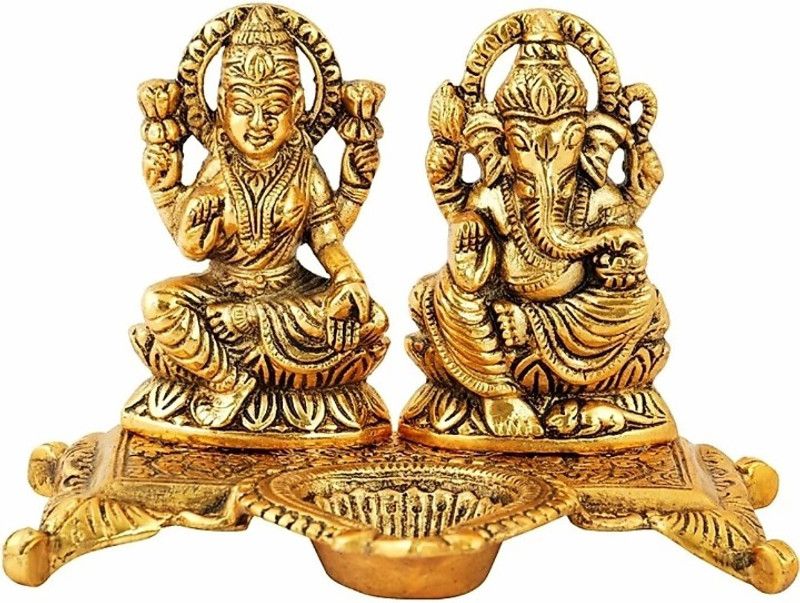 Khadak Crafts Laxmi Ganesh With Diya Statue Idol Murti in Metal Decorative Showpiece - 15 cm  (Aluminium, Gold)