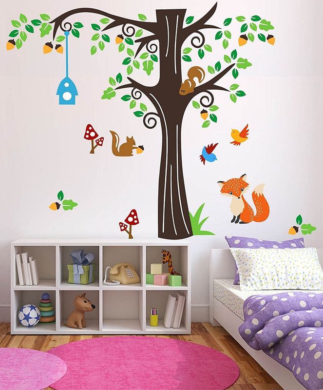 Asmi Collections 180 cm Large Tree Animals Birds for Kids Room - 5.6 Feet (H) Removable Sticker  (Pack of 1)