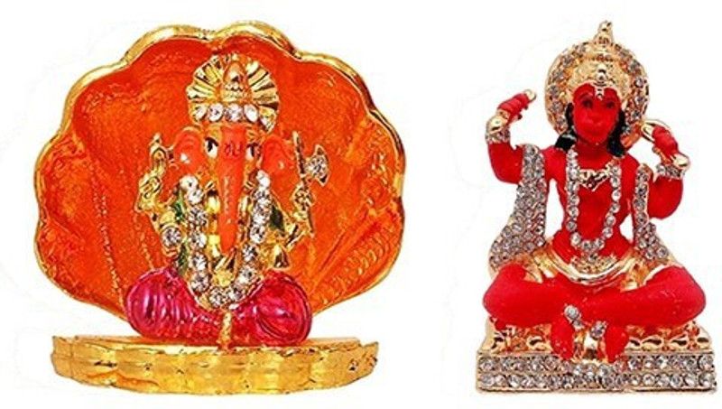 9facts Set of 2 God Ganesh Idol Statue & Lord Hanuman Mandir Home Decor God Statue Gift Item Decorative Showpiece Decorative Showpiece - 6 cm  (Brass, Multicolor)