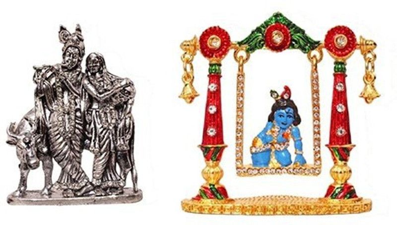 9facts Set of 2 Lord Radha Krishna & Cow God Statue & Lord Krishna Idol Krishan statue God makhan chor / Balgobal Spiritual Puja Vastu Fegurine Decorative Showpiece - 8 cm  (Brass, Multicolor)