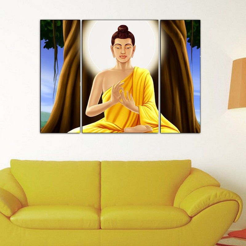 uDecore Beautiful Gautam Buddha MDF Framed Set of 3 Digital Reprint Wall Painting Digital Reprint 18 inch x 24 inch Painting  (With Frame, Pack of 3)