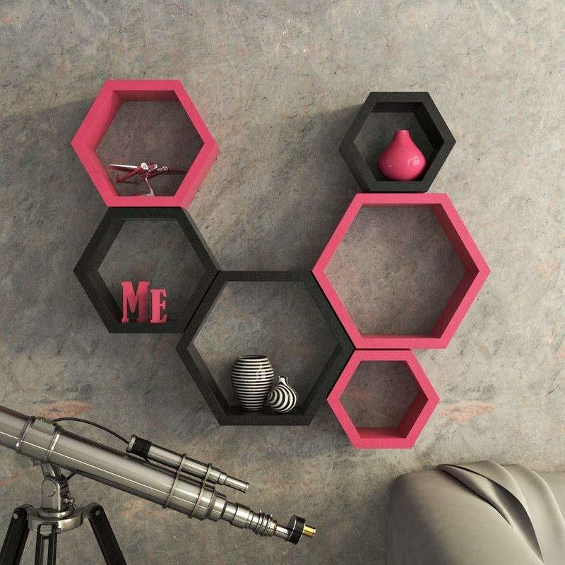 Home Collection Home Décor Hexagonal Shape Wall Shelf Plastic-Fiber [pink & Black]-{Set of 6} MDF (Medium Density Fiber) Wall Shelf  (Number of Shelves - 6)