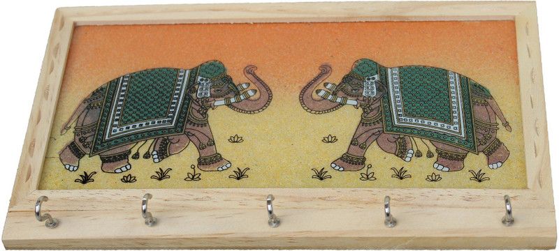 Arrakasta Crafts Handmade Traditional Gem Stone Elephant Key Holder Hathi Wood Key Holder  (5 Hooks, Brown)