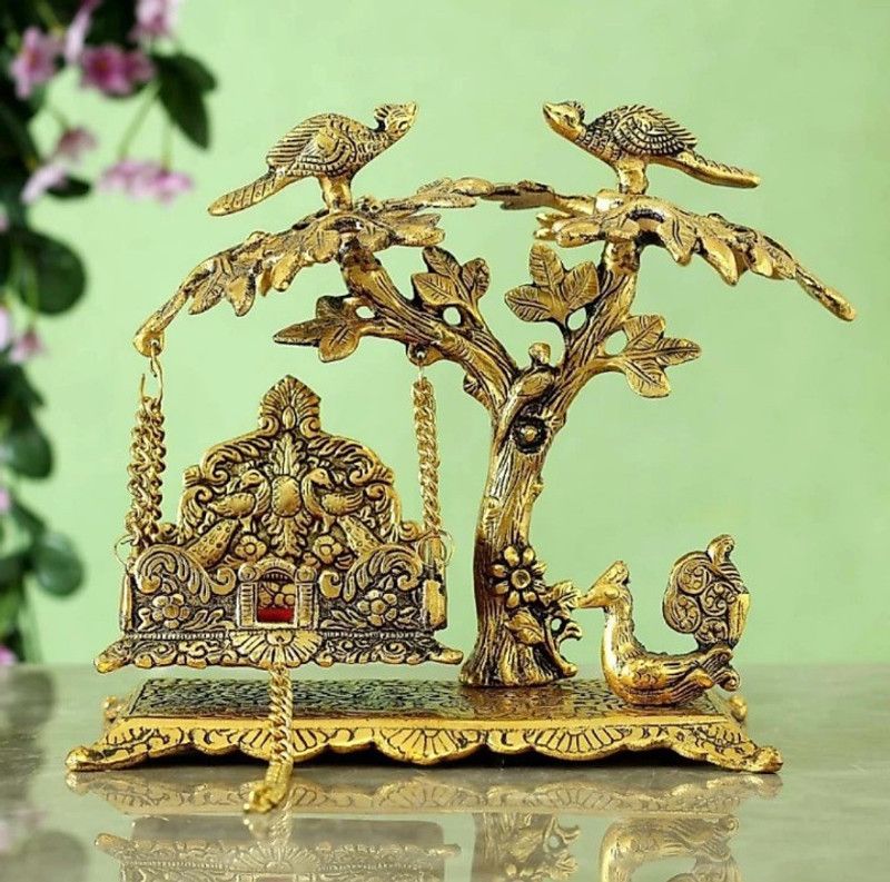 Indra Art Collection Laddu gopal jhula and tree, Palna for Lord Krishna, Ladoo-Gopal Swing Under Tree for Gifting Jhula Decorative Showpiece - 20 cm  (Aluminium, Gold)