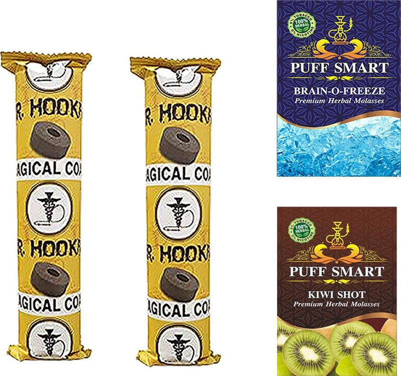 Puff Smart Premium Herbal Flavor Brain-O-Freeze & Kiwi Shot With 2 Polo Magic Coal Hookah Charcoals  (Pack of 4)