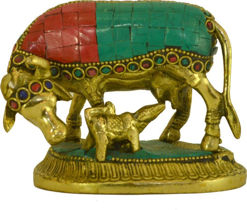 Santarms Brass Kamdhenu Cow Statue Decorative Showpiece - 9 cm  (Brass, Gold, Green, Red)