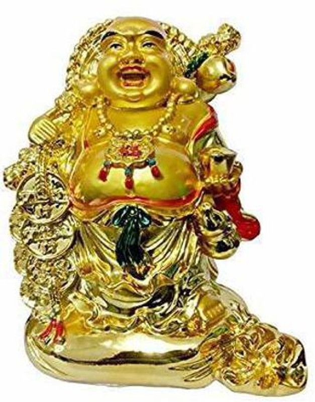 BENOJ Feng Fabric Shui Laughing Buddha with Coins Decorative Showpiece - 6 cm  (Polyresin, Gold)