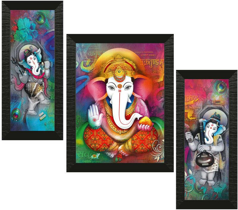 RAC Set of 3 Ganesh Ji UV Textured Framed Wall Paintings 12X18 INCH Digital Reprint 18 inch x 12 inch Painting  (With Frame, Pack of 3)