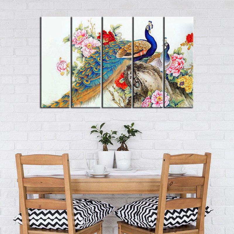 uDecore Peacocks Sitting on the Flowers Branch Wall Painting/Canvas Print Wall Hanging/Home Decor for Living Room, Bedroom, Office Decoration in 5 Panel set Canvas 24 inch x 39.3 inch Painting  (With Frame)