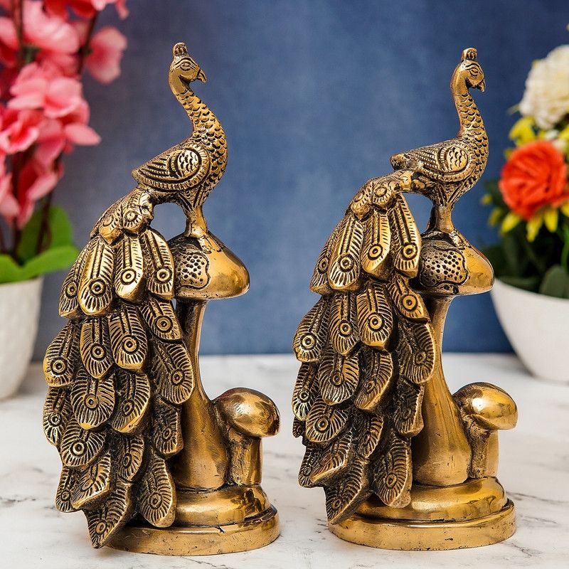 StatueStudio Peacock Showpiece Brass Peacock Pair Love Bird Figurine for Home Decor and Gift Decorative Showpiece - 21.59 cm  (Brass, Gold)
