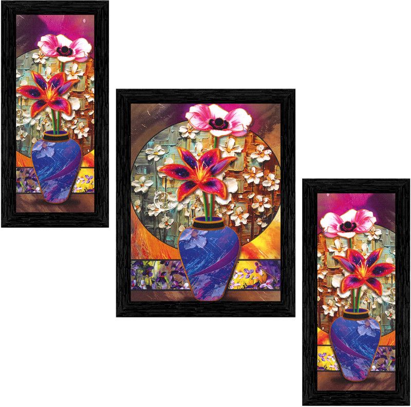 Indianara Set of 3 Flowers in Pots Framed Art Painting (4098BK) without glass Digital Reprint 13 inch x 10.2 inch Painting  (With Frame, Pack of 3)