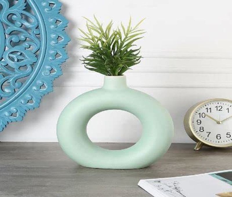 Mega Bull Ceramic Handcrafted Donut Flower Vase Matte Finish (BLUE) Ceramic Vase  (9 inch, Blue)