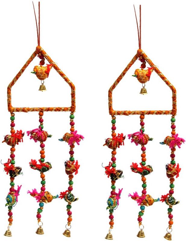 Handicrafts Paradise Door Hanging Pair of Yellow chunari cloth bird in Yellow triangle with three cloth bird strands and metal bells Decorative Showpiece - 32 cm  (Fabric, Multicolor)